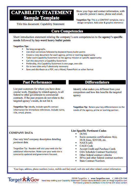 Selling To The Government By Winning Government Contracts Pima County Public Library Capability Statement Template For Government Contractors