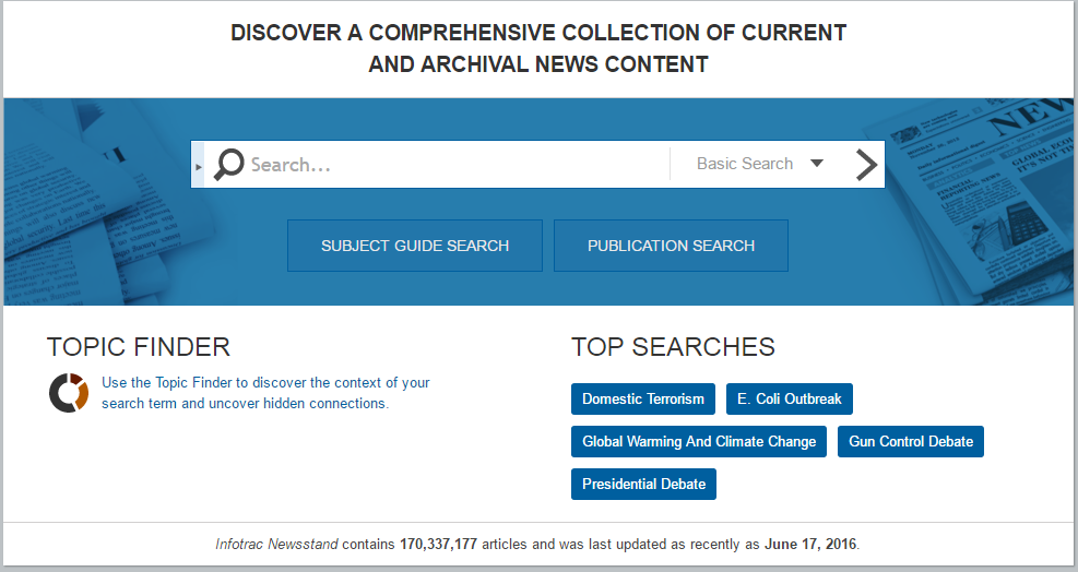 Screenshot of the home page of Infotrac Newsstand