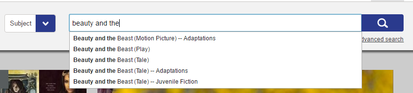 Screenshot of the search bar with a subject search for beauty and the beast