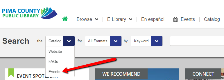Screenshot of the Search dropdown with an arrow pointing to Events.