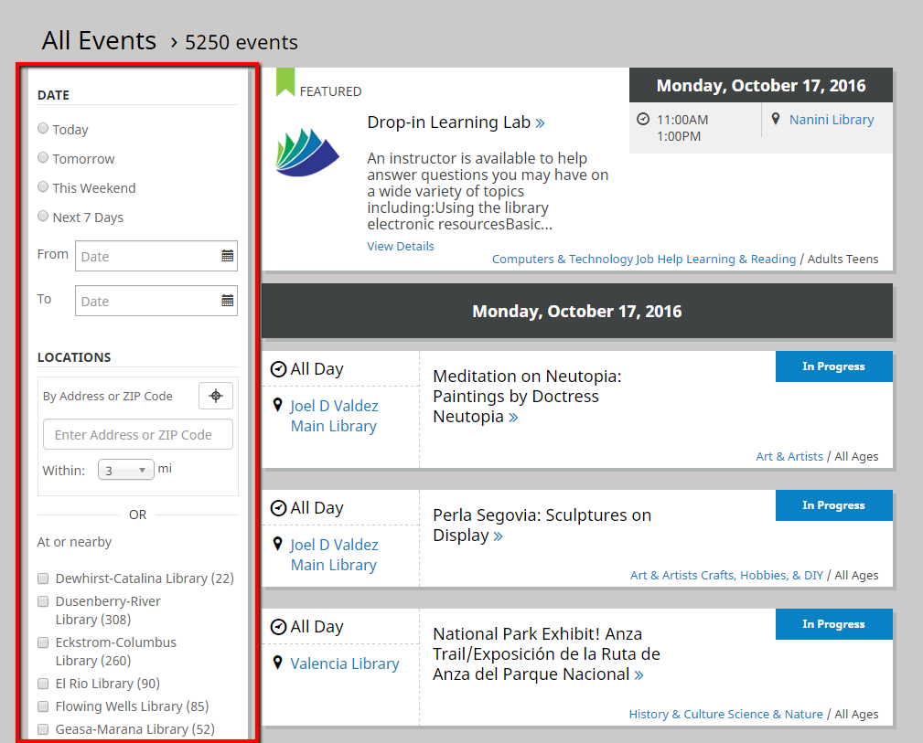 screenshot of library events page with box around the sidebar