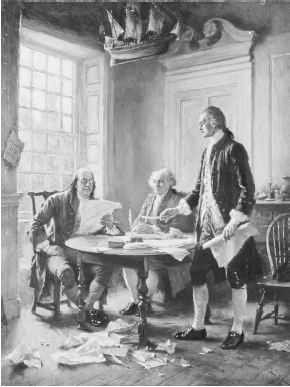 black and white photo of painting of Thomas Jefferson, John Adams, and Benjamin Franklin